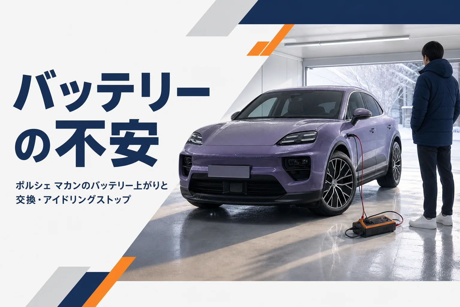 ガレージに停めたSUVと維持充電器