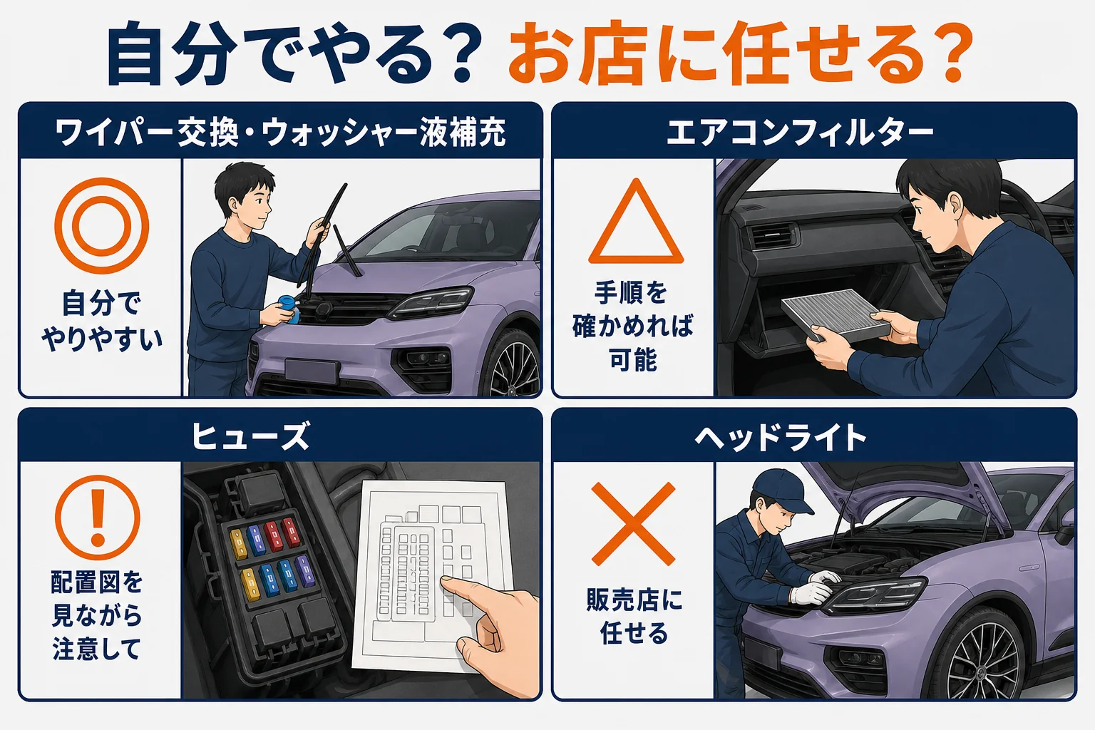 マカンのメンテナンス作業を自分でできるものとお店に任せるものに分けた図解