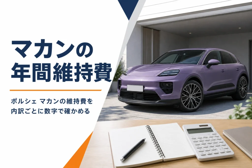 ガレージに停めたSUVと電卓で維持費を考えるイメージ