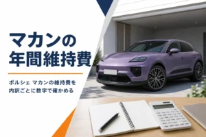 ガレージに停めたSUVと電卓で維持費を考えるイメージ