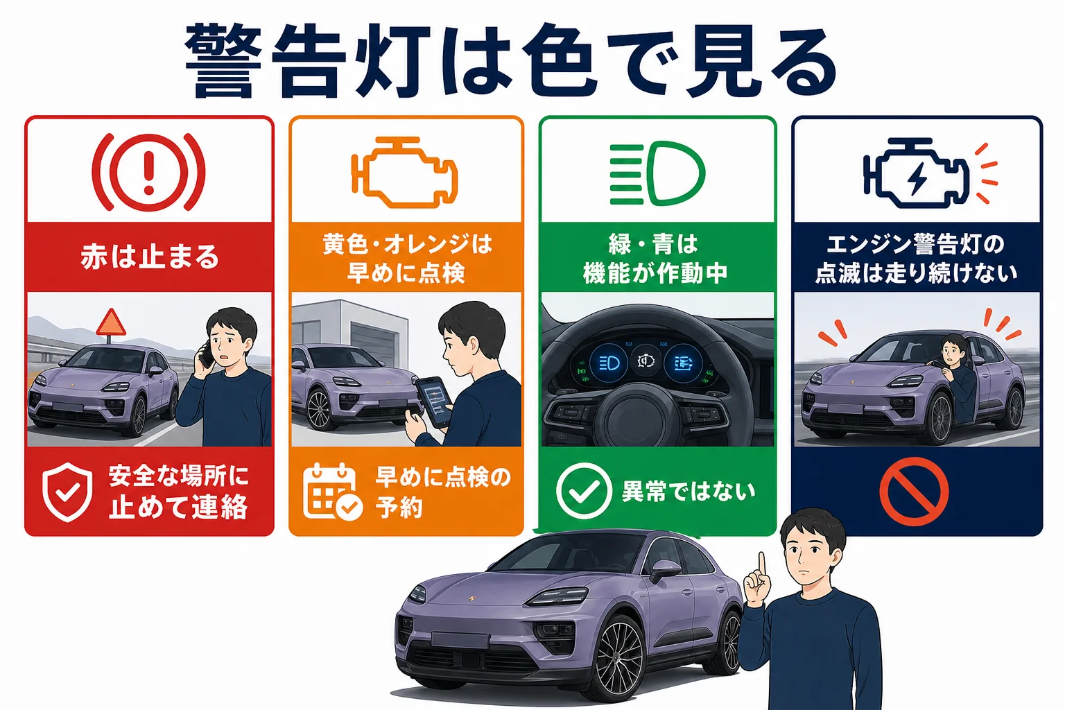 マカンの警告灯の色と緊急度を示した図解