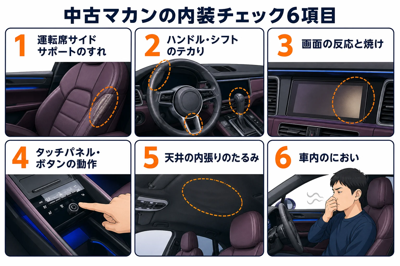 中古のマカンで内装を確かめる順番をまとめた図解