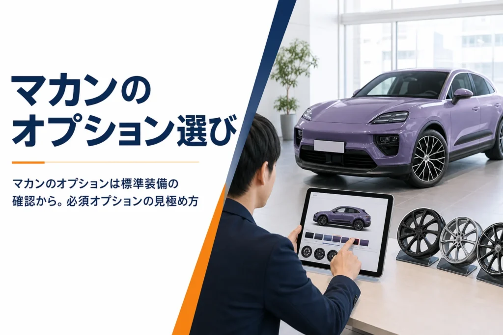 高級SUVの横に置かれたコンフィギュレーター画面とホイール見本
