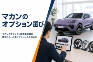 高級SUVの横に置かれたコンフィギュレーター画面とホイール見本
