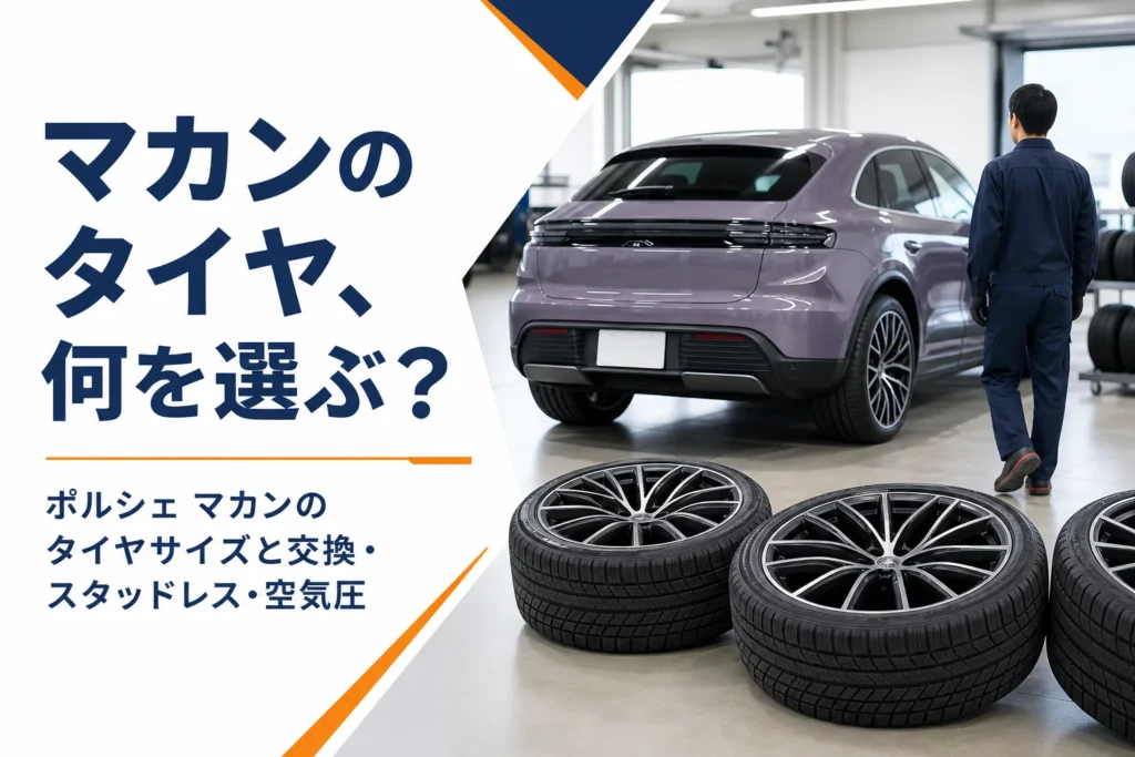 タイヤショップに並んだ大径タイヤと高級SUVのイメージ