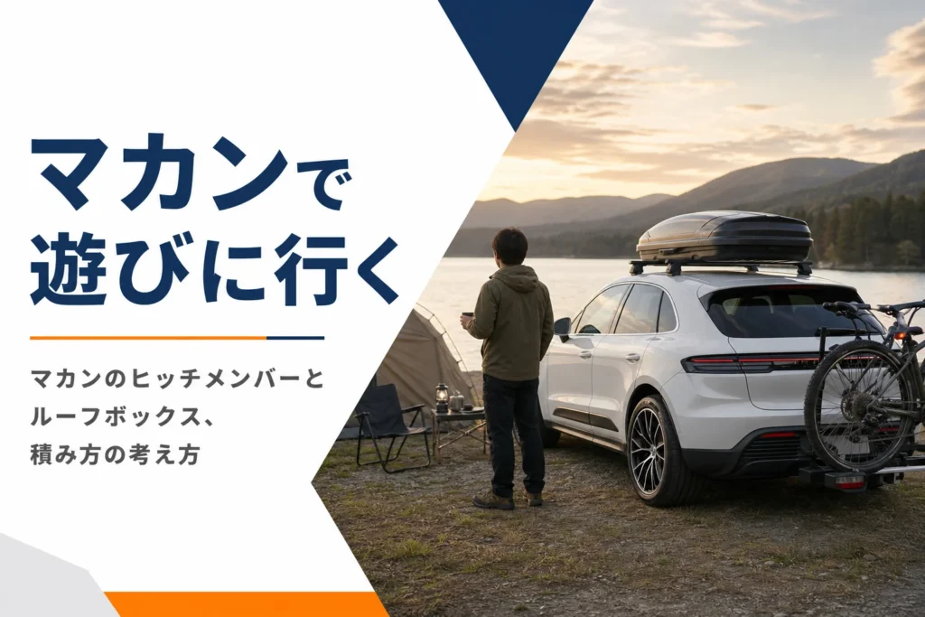 キャンプ場に止めたマカンとルーフボックスのイメージ
